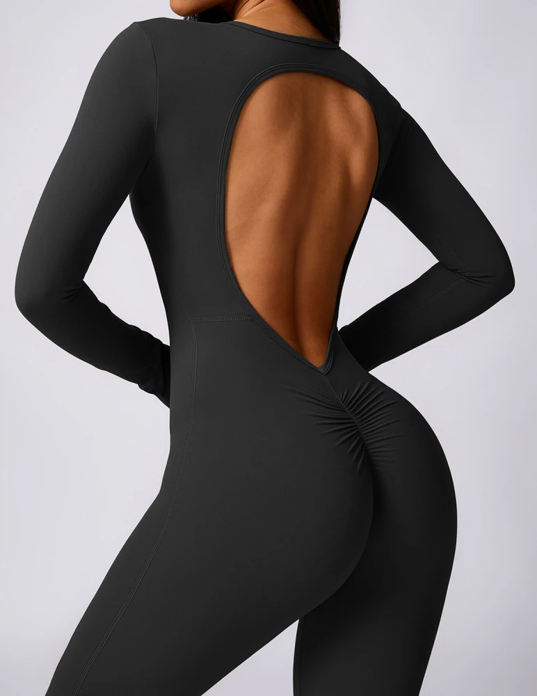 Women's Jumpsuits Long Sleeve Solid Color Slim Fit Rompers Casual Round Neck Backless Wide Leg Full Length Bodysuits