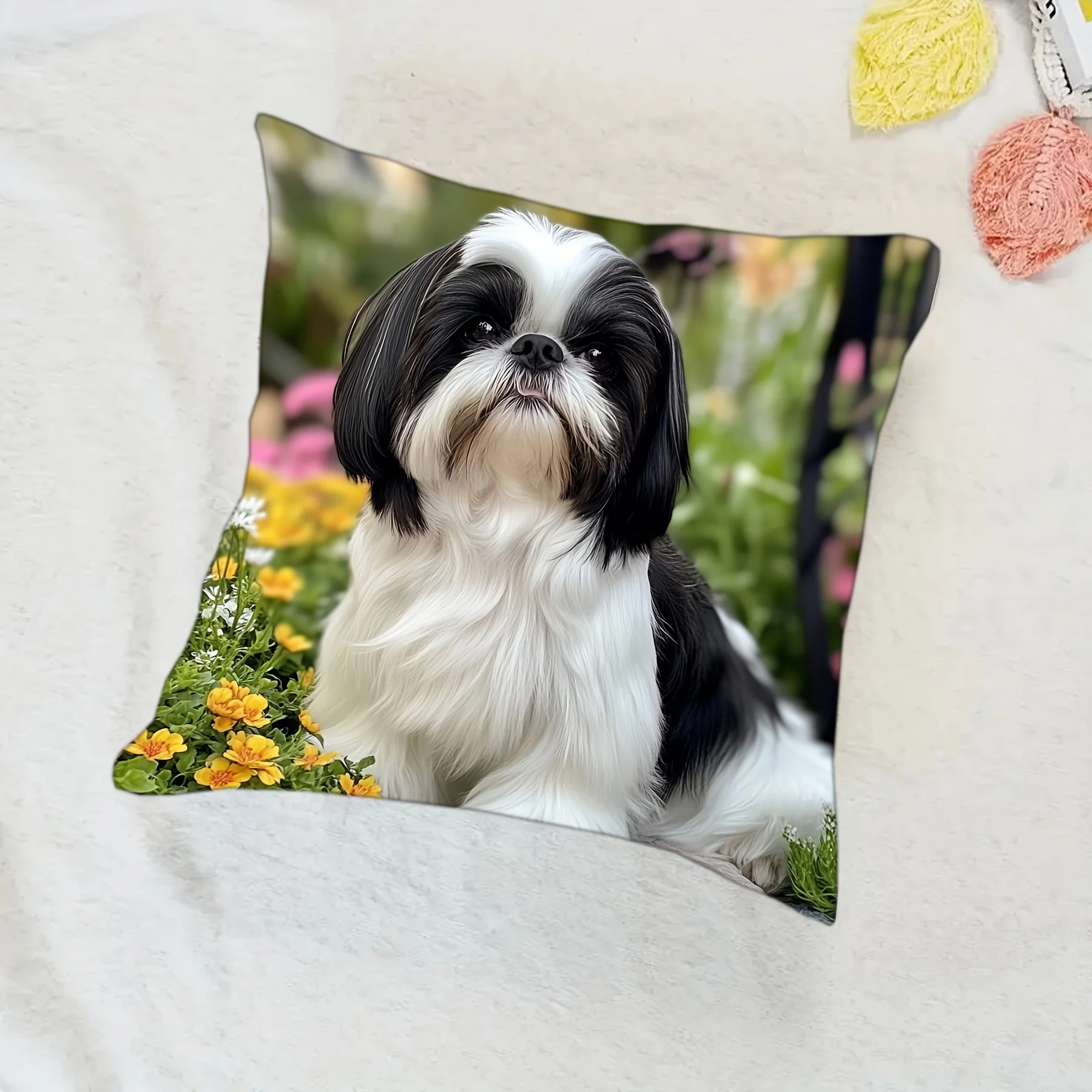 Cute Shih Tzu Dog Print Throw Pillow Cover Realistic Black and White Shih Tzu Themed Cushion Case for  Home  Couch  Decor