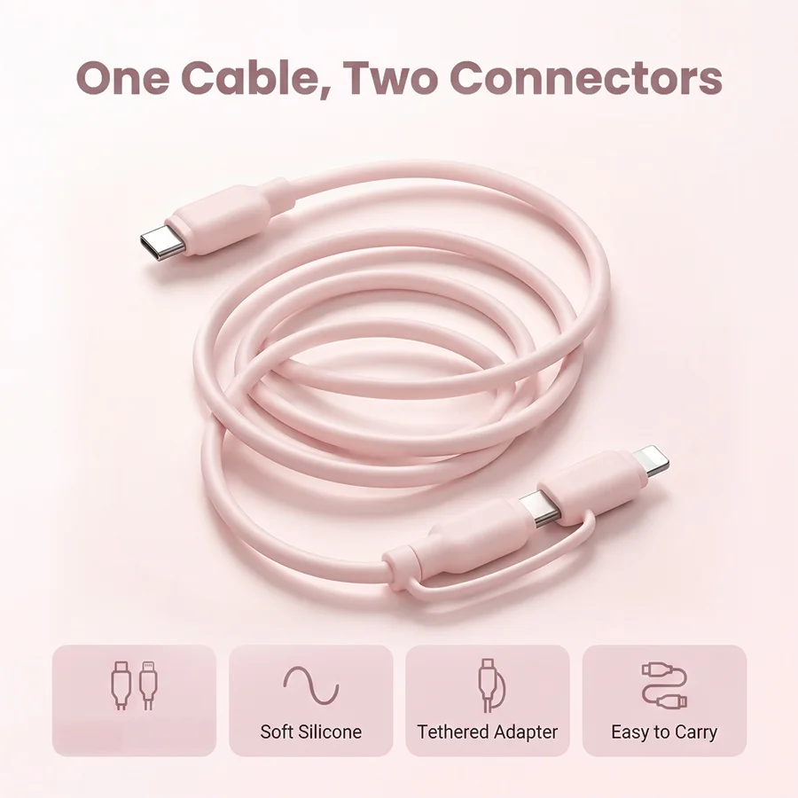 2‑in‑1 Silicone Fast Charging Cable 60W High Quality Multi‑Interface Data Cord Portable Travel Charger Cable Holiday Gift