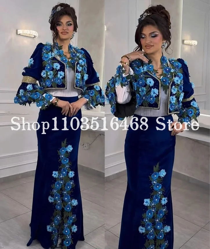 Maßgeschneiderte elegante königsblaue Abendkleider mit 3D-Blumenapplikationen, Verlobungs-Zweiteiler für Damen, Saudi-Arabien-Partykleid 2014, •Мة