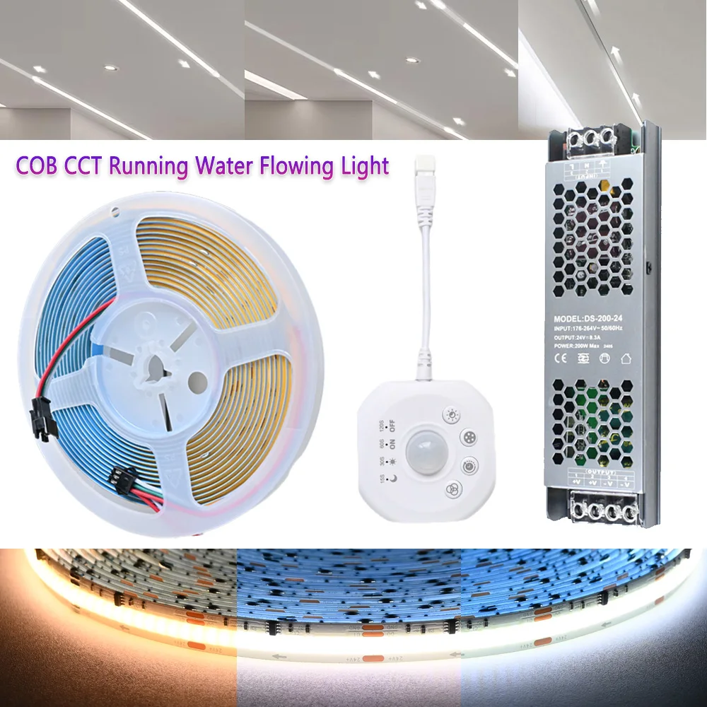 

10M 20M PIR Motion Sensor COB CCT Running Water Flowing LED Strip 24V Horse Racing Light Timer Flexible Linear Lamp 2700-6500K