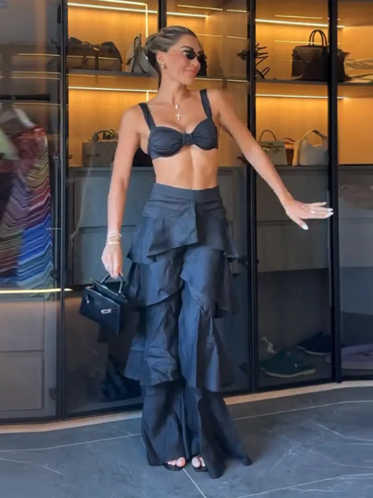 Neue Rüschenhose für Damen, einfarbig, mit Kaskadenoptik, weites Bein, elastischer Bund, modisch für Frühling und Herbst, High Street, locker geschnittene Damenhose 2026