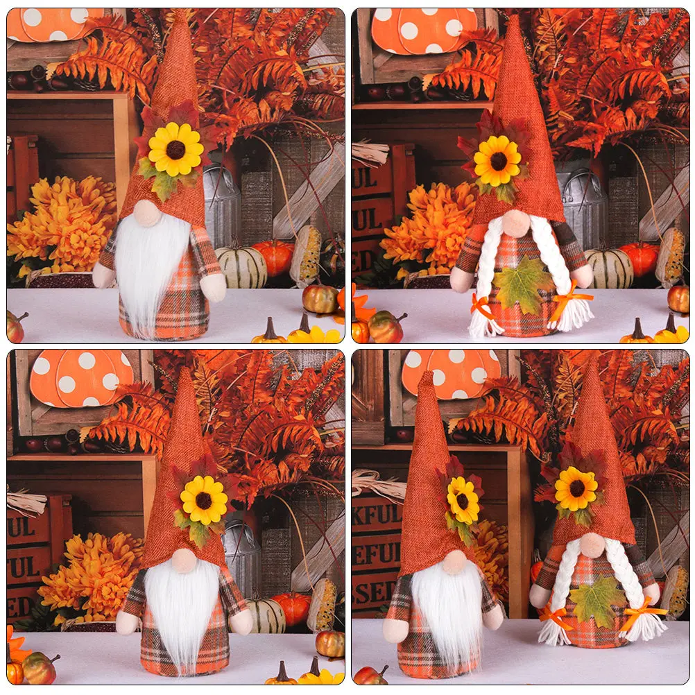 2Pcs Adorable Sunflower Maple Leaf Thanksgiving Gnome Ornament Premium Fall Decor for Home Party Harvest Festival Layout Prop