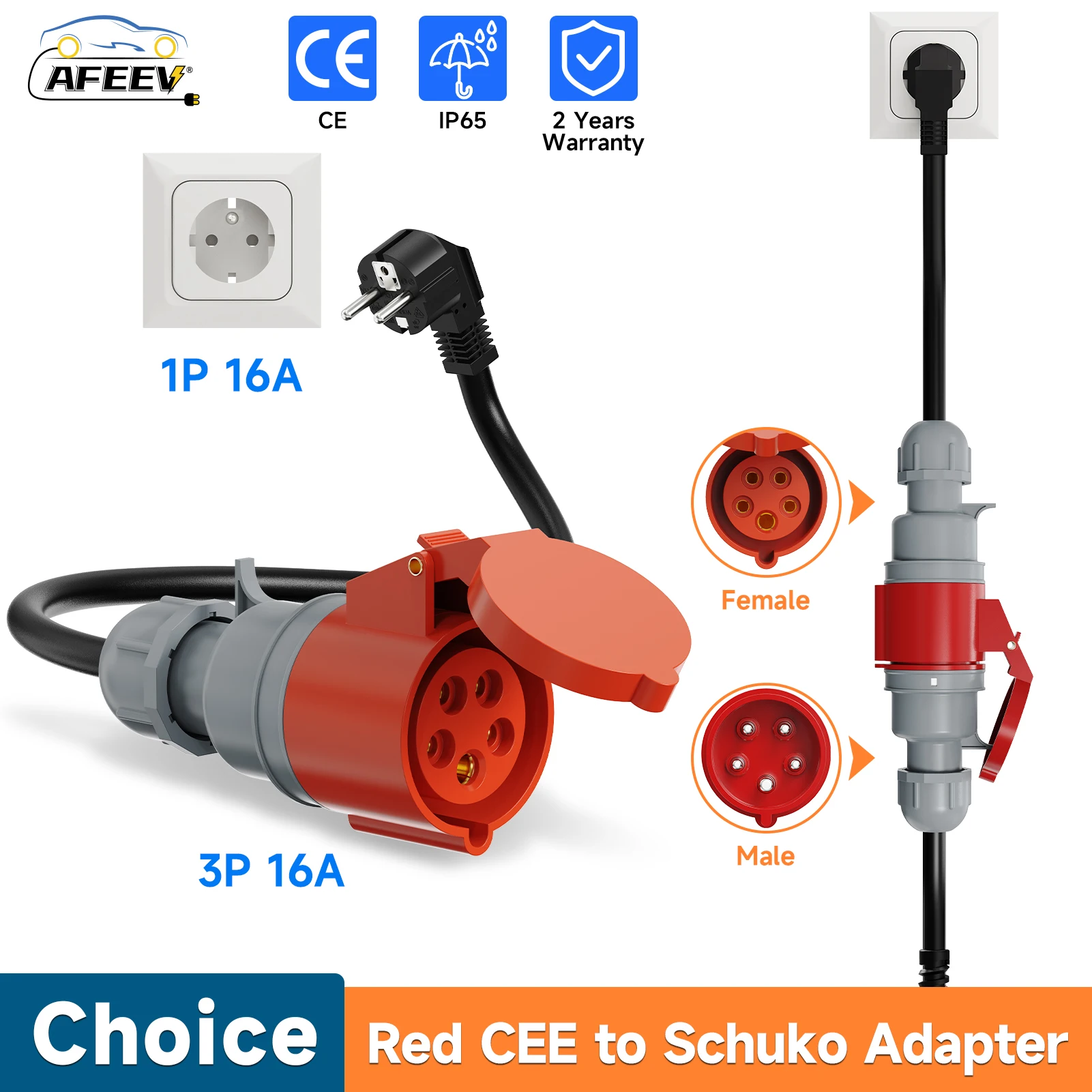 AFEEV EV Charger CEE Female Plug 5 Pins Red CEE to Schuko Adapter Wall Socket Extend Cable Connect with 11KW 16A 3Phase Charger