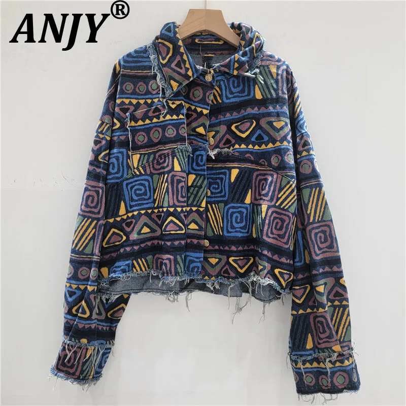 

ANJY Autumn New Women Coat Washed Denim Printed Frayed Hem Single Breasted Trendy Streetwear Stylish Versatile Chic Jacket A9738