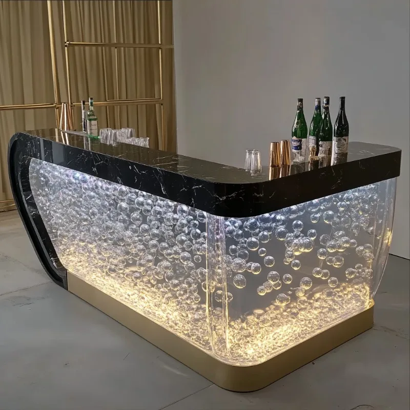 Hotel Restaurant Bar Counter Modern Design Light Emitting Diode Agate Translucent Marble Top Gold U-Shaped Nightclub Bar Counter