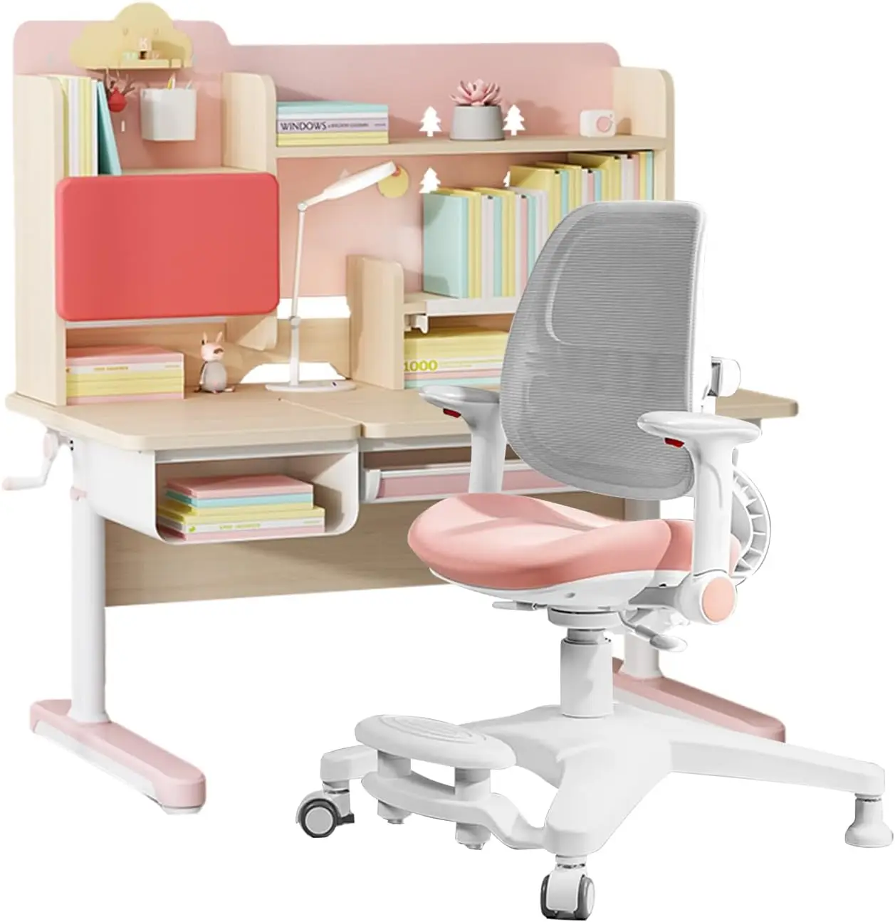 Kids Study Desk and Chair, Height Adjustable Wooden Children Desk with Bookshelf, Tiltable Desktop, Tablet Holder