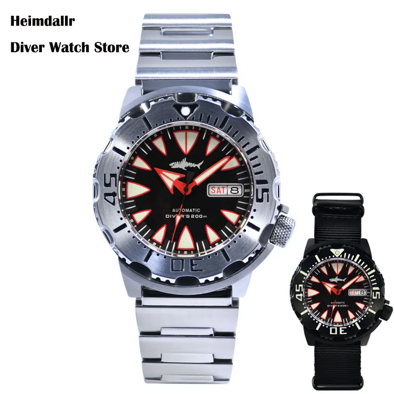 

Heimdallr Monster Diver Watch Red Fang 45mm Black Dial Sapphire NH36 Automatic Movement Stainless Bracelet C3 Luminous 200m