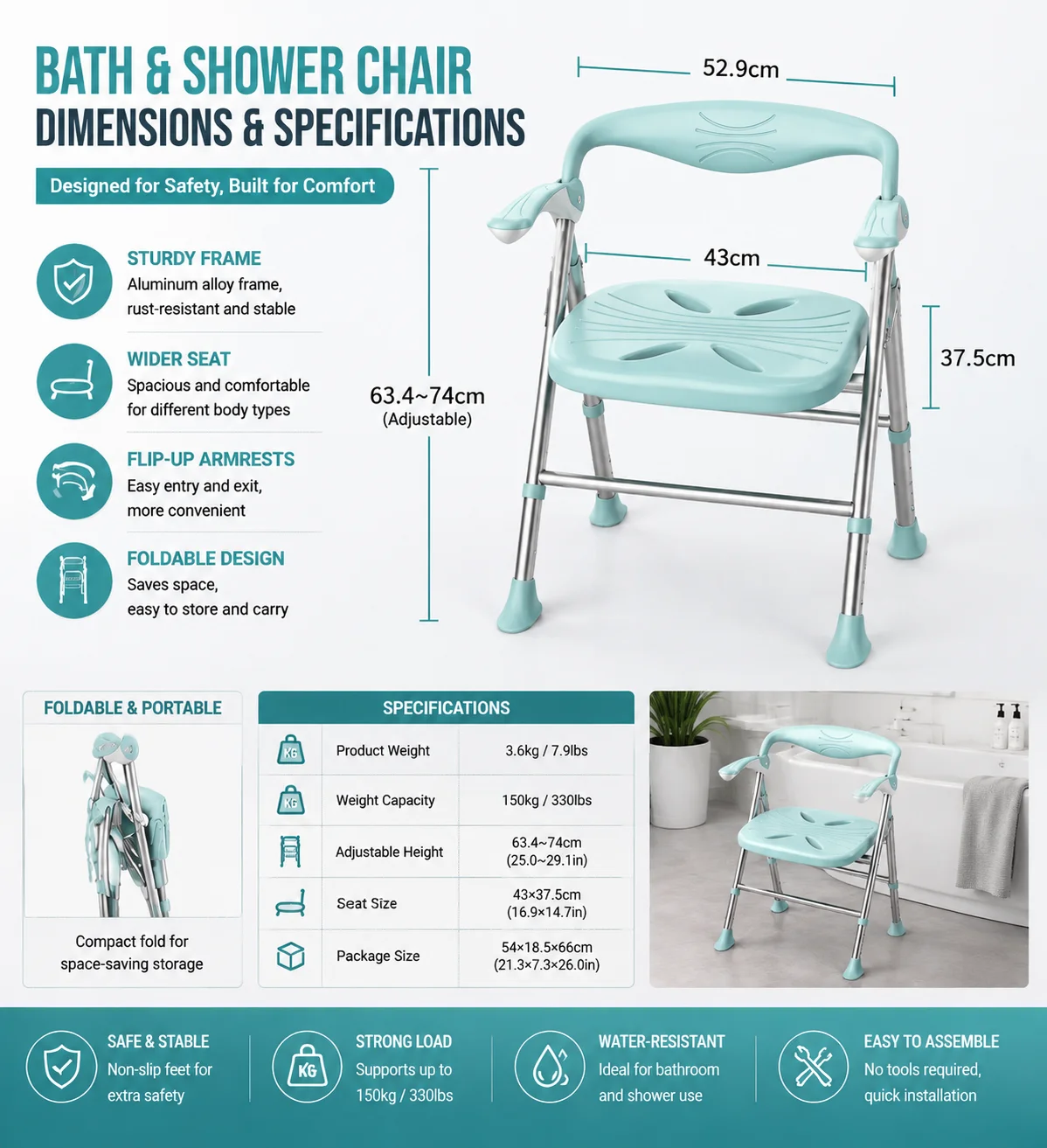 Folding Shower Chair, Aluminum Alloy, Non-Slip Bathroom Safety Seat, 150kg Capacity, Elderly Care, Nursing Home Use