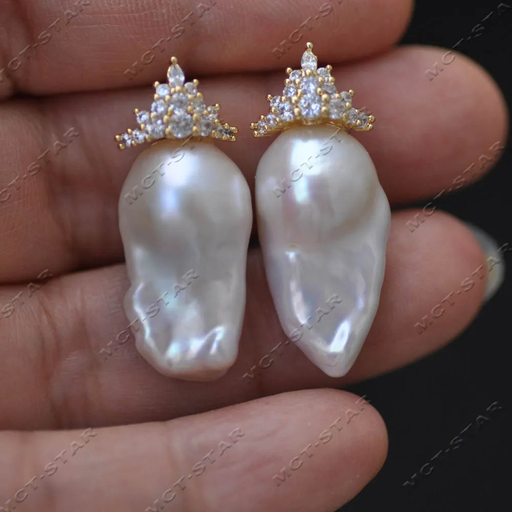 Z14561 Set 23mm Golden Crown All CZ White Baroque Reborn Keshi Pearl Dangle Earring Pendant view 4