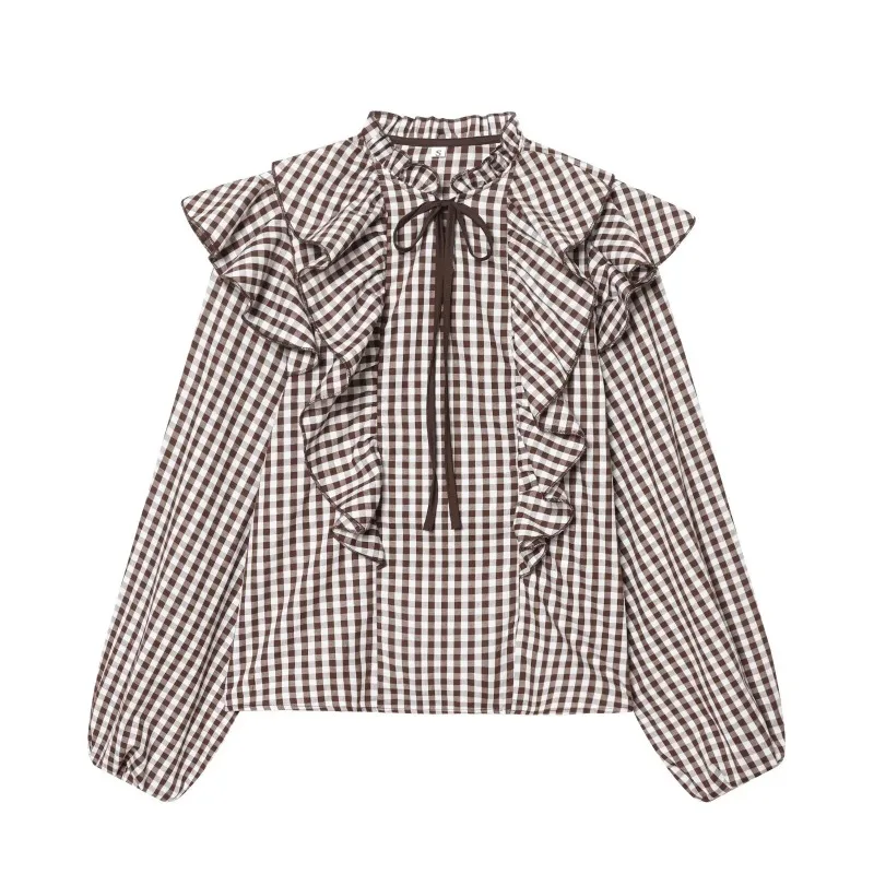 

Новая женская повседневная модная блузка весна 2026, свободный крой, в мелкий клетку, многослойная, с круглым вырезом, длинным рукавом, для офиса