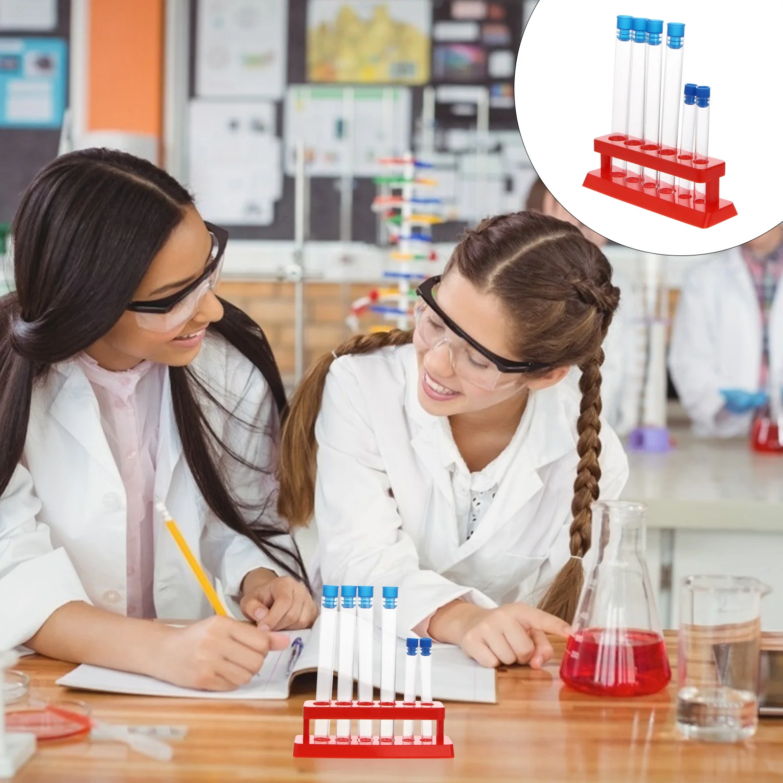 

1Set Test Tube Set with Rack 6 Plastic Test Tubes Plugs Transparent Heat Resistant for Scientific Experiment Lab Use