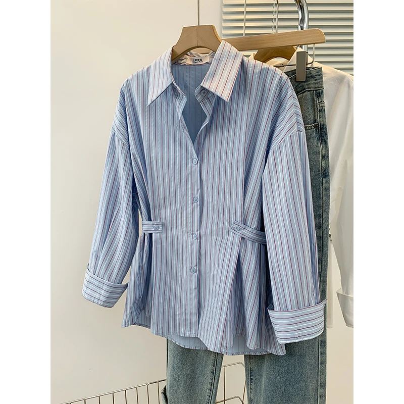 

Женская рубашка Ele с синими полосками, больших размеров, с завышенной талией, длинными рукавами, весенне-осенняя, в корейском стиле, класса люкс, топ-свитшот