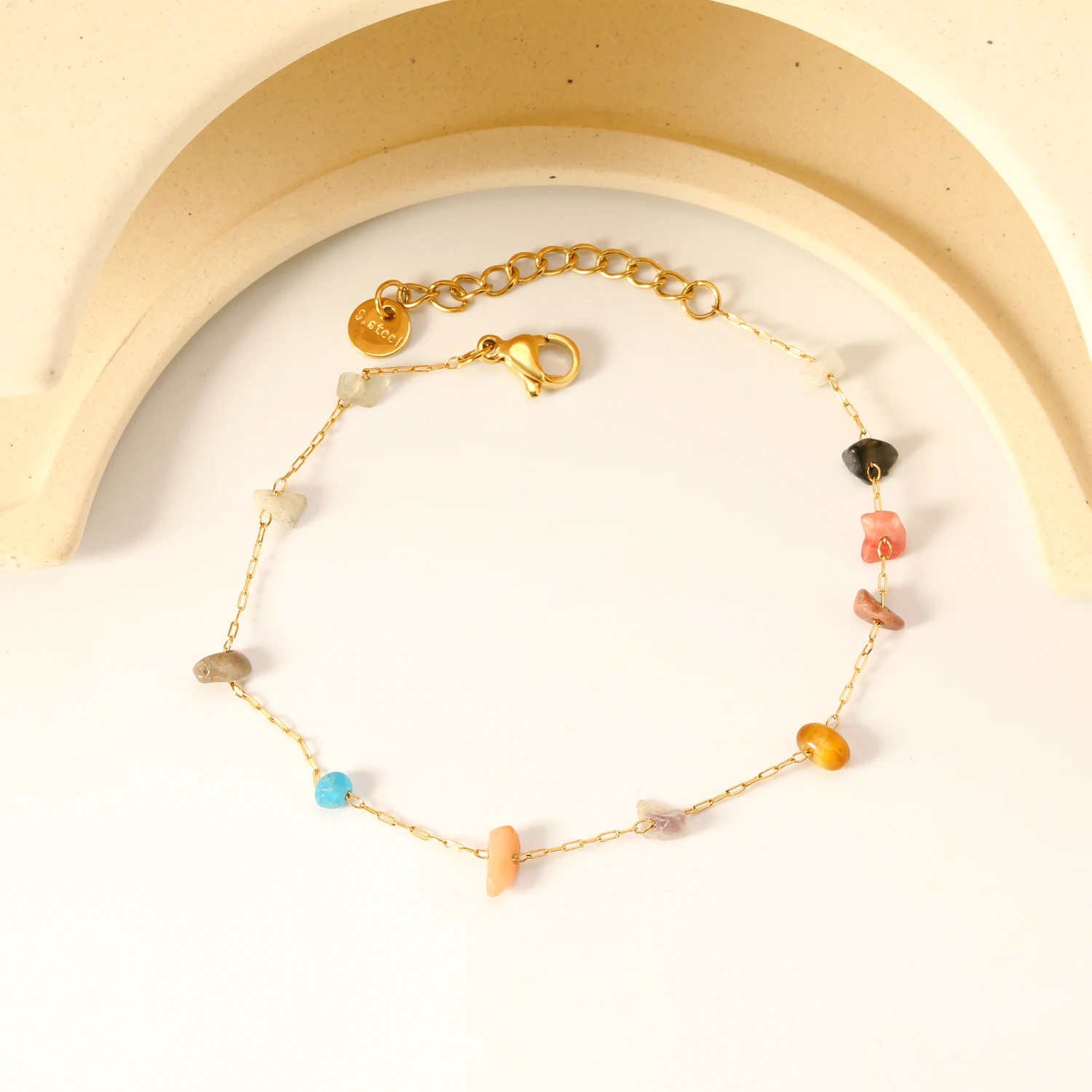 316L Stainless Steel Natural Crushed Colorful Stone Chains Bracelet Women Gold Plated Asymmetry Stone Bracelet Handmade Jewelry