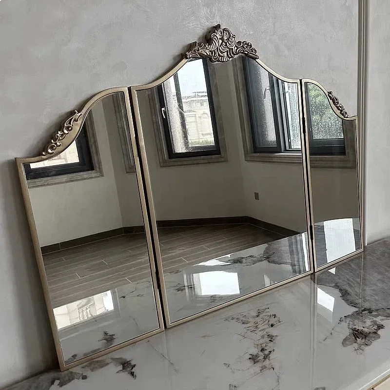 BJ French Vintage Vanity Mirror Foldable Three-Way Wall Mounted Bathroom Mirror Retro Vanity Table Mirror