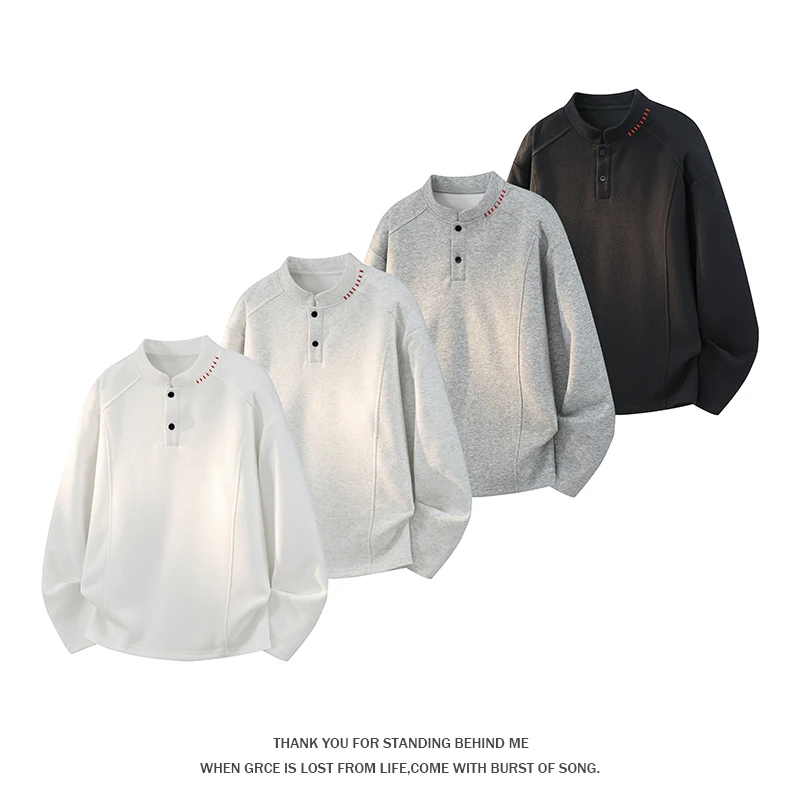 Men Red Stitch Henry Collar Sweatshirt Half Button Raglan Sleeve Loose Casual Long Sleeve Pullover Tops