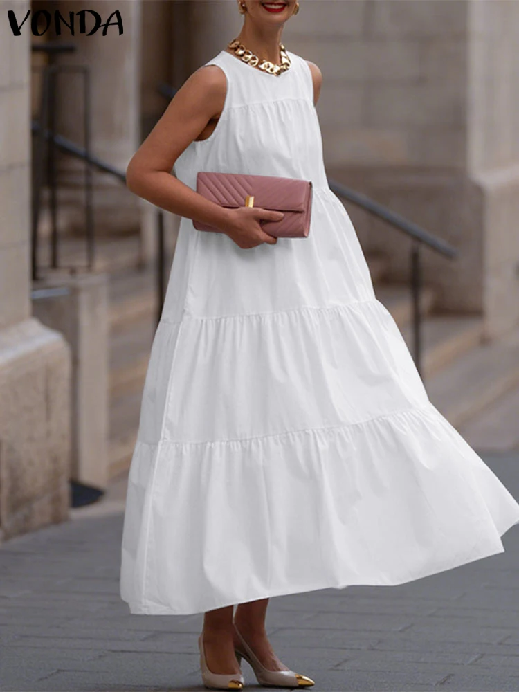 

Plus Size Women Shirt Dress Summer Sundress 2025 VONDA Fashion Sleeveless Party Long Vestido Causal Loose Solid Ruffled Robe 5XL