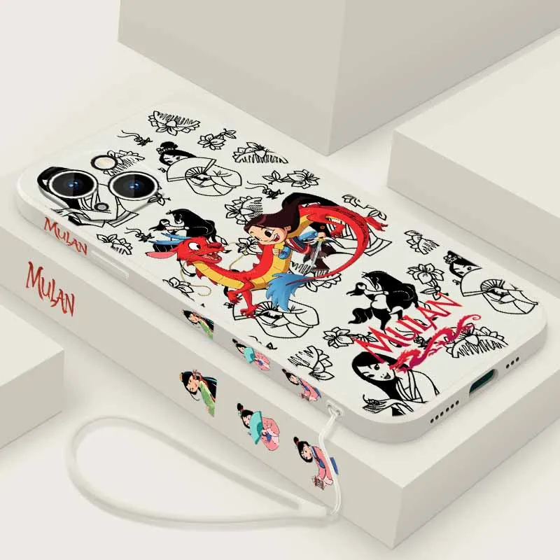 Funda de silicona líquida suave con cuerda para iPhone de Disney, diseño de Mulan y Mushu, compatible con Apple iPhone 17, 16E, 16, 15, 14, 13, 12 mini, Pro, Max, Plus