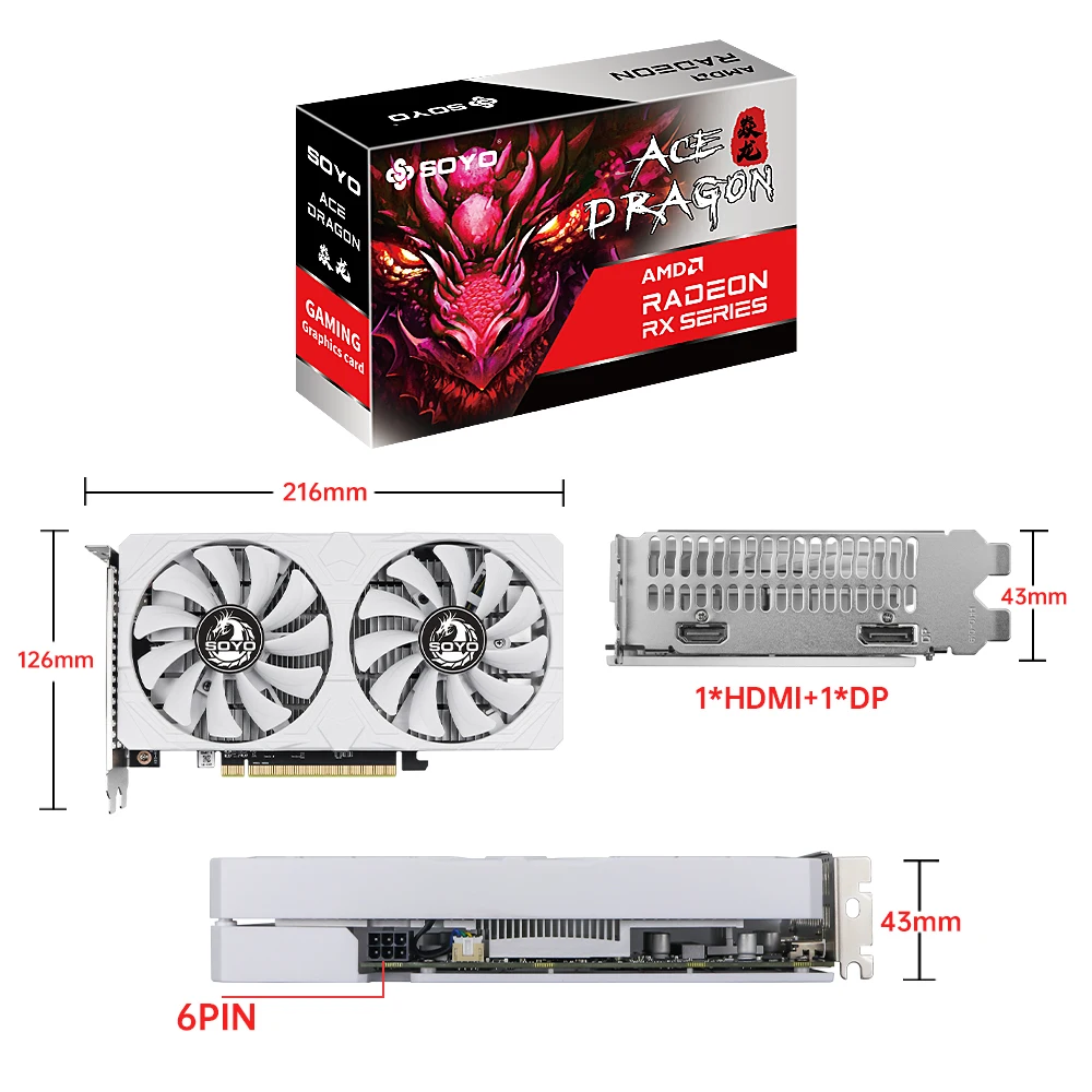 SOYO AMD Radeon RX 6500 XT 4 GB Grafikkarte GDDR6 PCIEx4 4.0 6 nm 6 PIN für Desktop-Gaming, Büro- und Heimcomputer RX6500XT 4 GB