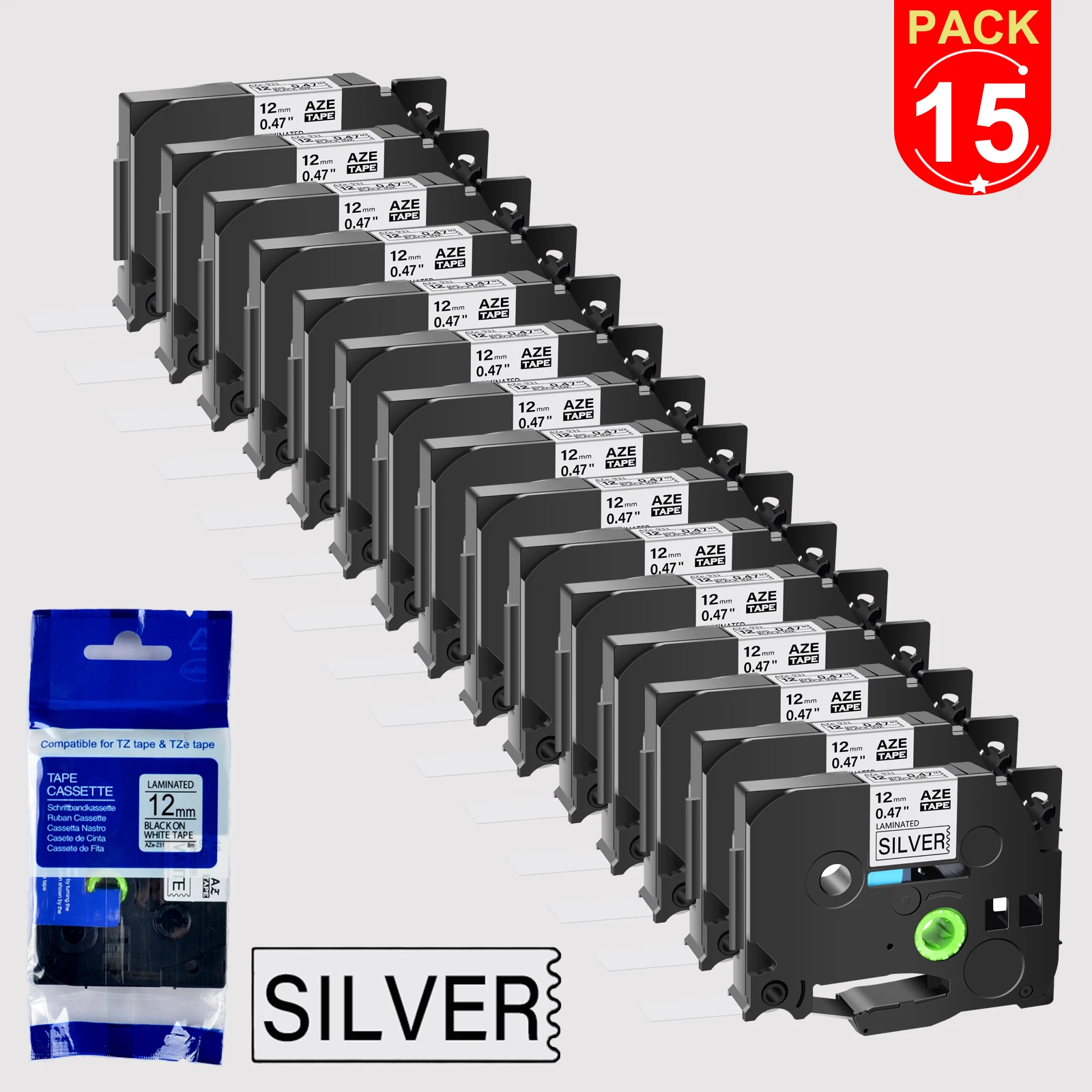 

15PK Black on Silver Labels Tape Compatible for Brother TZE-931 12mm Standard Laminated Label Ribbon for Printer P-Touch PT-1010