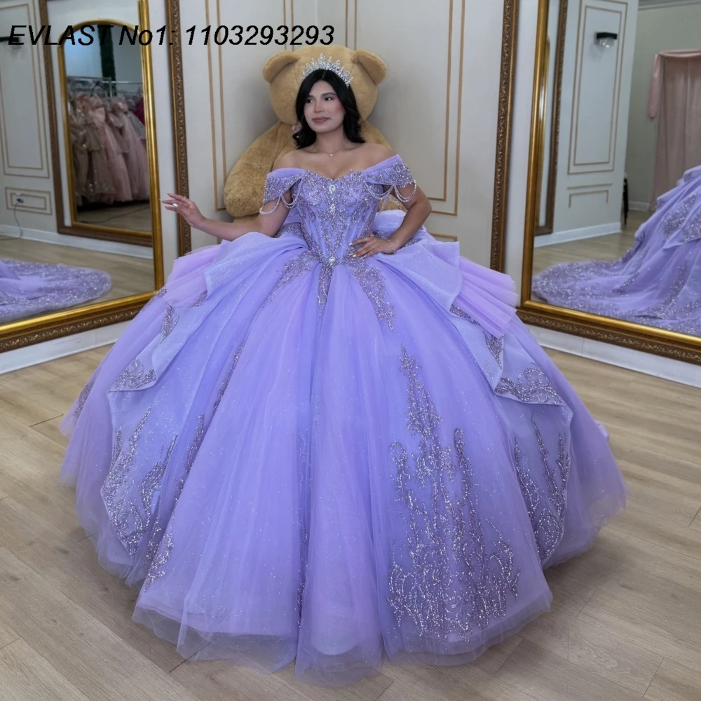 EVLAST Customized Mexican Lilac Quinceanera Dress Ball Gown Lace Applique Diamond Beaded Bow Sweet 16 Vestidos De 15 Anos AQ771