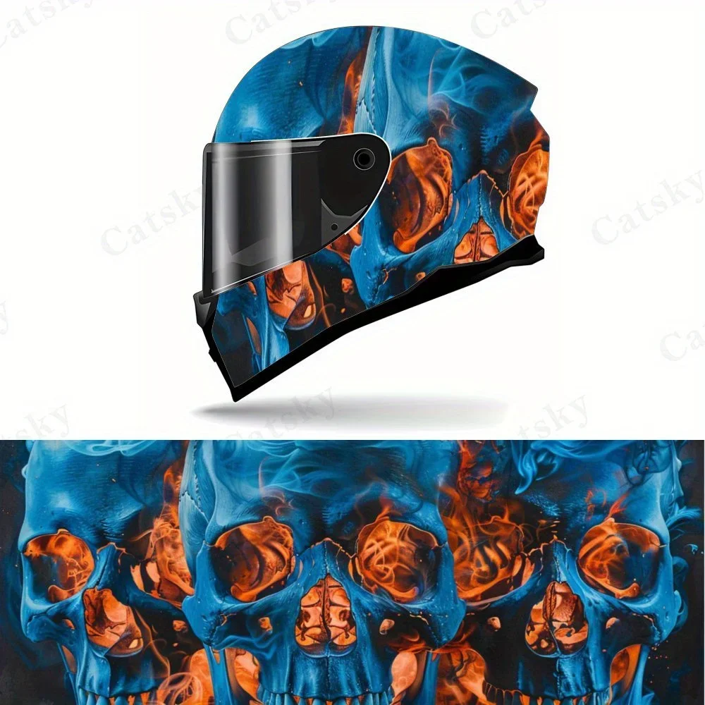 

Gothic Dark Flame Blue Skull Motorcycle Helmet Vinyl Wraps Decal, Self-adhesive Waterproof Helmet Decoration, DIY Graffiti Film,