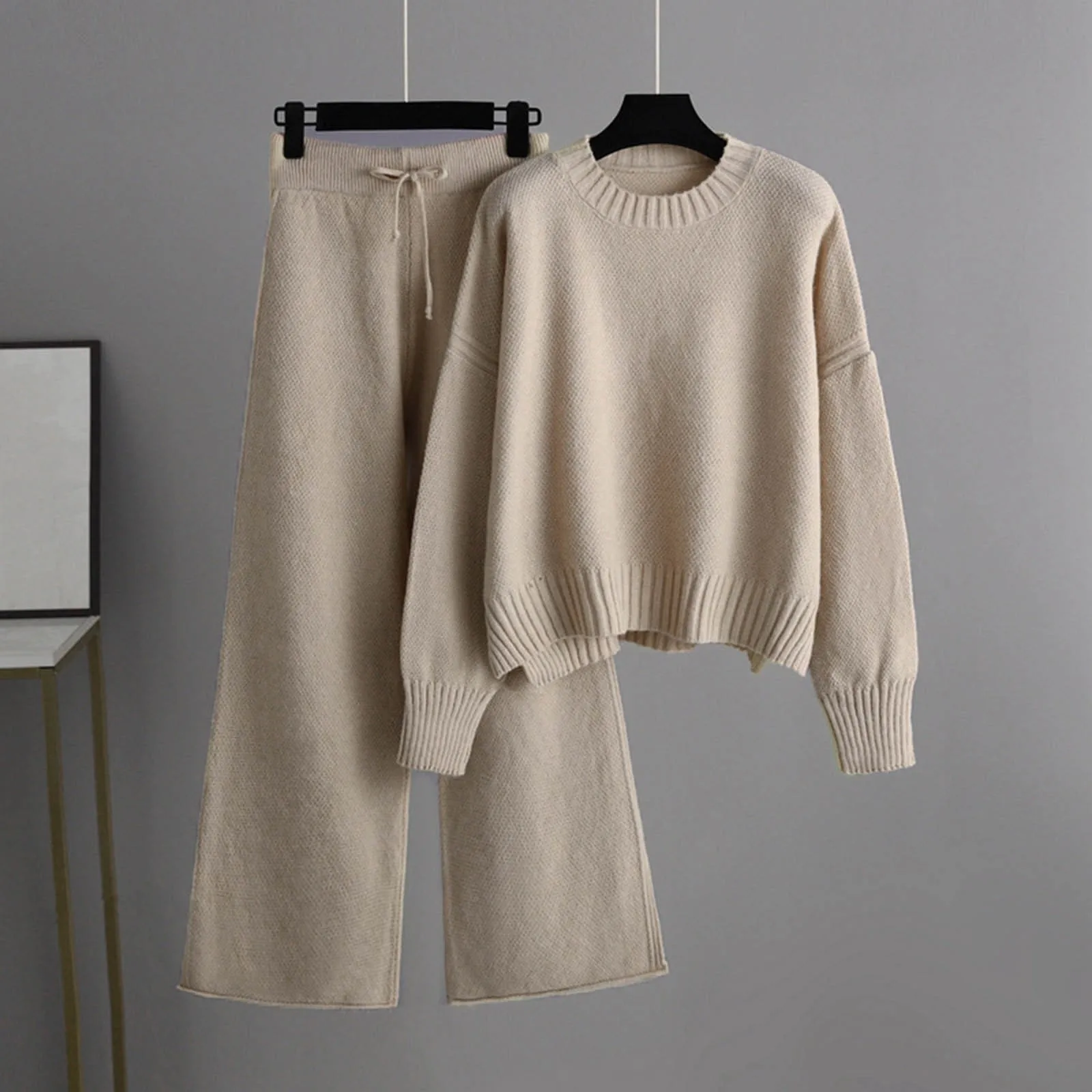 

Women Round Collar Knitted Pullover Sweater Set 2024 Autumn Winter Pant Sets Casual 2 Piece Sets Warm Solid Color Trousers Suit