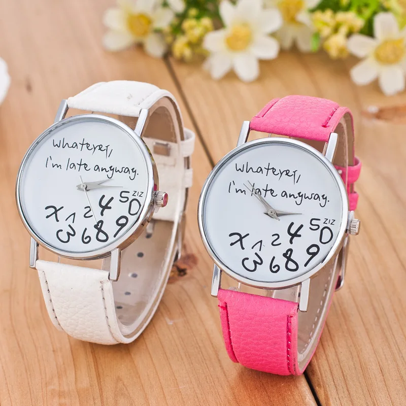 Vintage Simple Ladies Watches Women Dress Big Dial Leather Watch Whatever I Am Late Anyway Letter Watch for Student Reloj Mujer