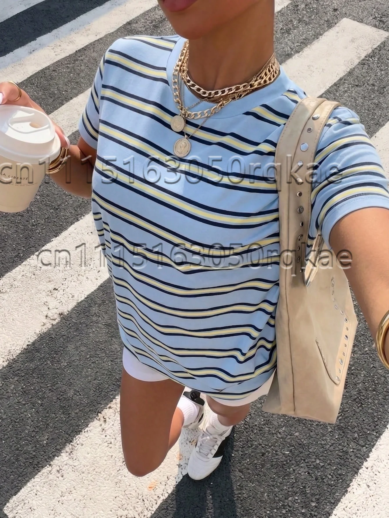 2026 Trendige Damen-T-Shirts mit Streifendesign und Musterdruck, Sommer-Streetwear, Minimalistisches Lässiges Kurzarm-T-Shirt für Damen – Detail 12