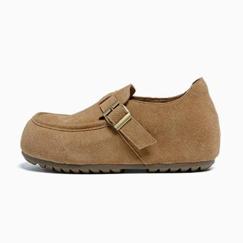 2026 Genuine Leather Women's Fashionable Retro Thick Bottom Platform Shoes Casual 6cm Slip-On Versatile Flat Bottom Single Shoes
