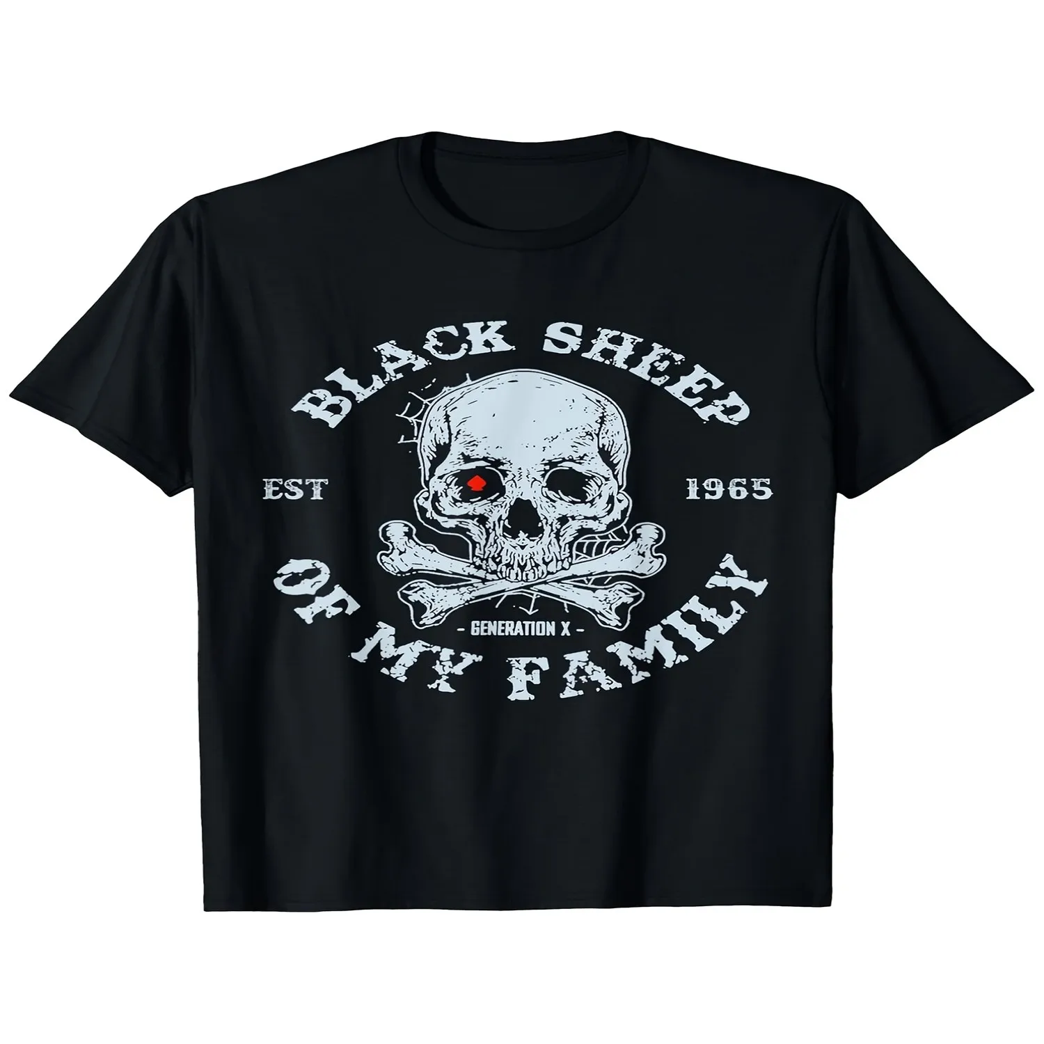 Gen X Est 1965 Black Sheep of My Family Vintage Graphic T-Shirt Unisex Casual Tee with Skull Crossed Bones Design Bold White Print Sizes for Men Machine Washable Casual T-shirt, Minimalist Tee,