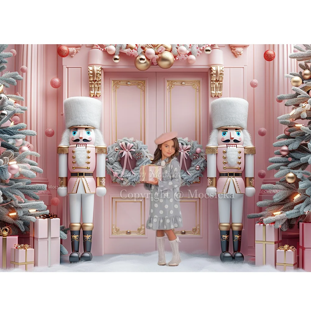 Christmas Nutcracker Soldier Photography Background Pink Palace Door Xmas Tree Wreath Gift Backdrop Booth Winter Kid PhotoStudio