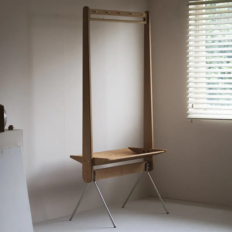 Retro floor coat rack, stainless steel cherry wood with shelf, secondary net clothing storage