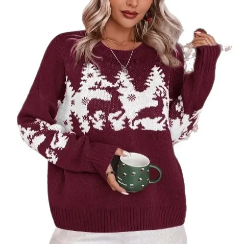 سترة فير آيل متماسكة 2025، نمط ندفة الثلج الرنة باللون الأحمر والأبيض، بلوفر برقبة دائرية لعيد الميلاد، بلوزة احتفالية للشتاء #5