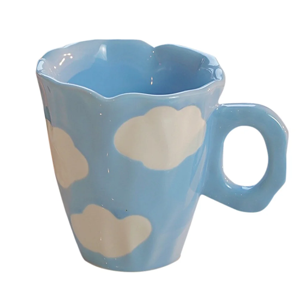 Canecas de cerâmica feitas à mão, tulipa e nuvem pintada à mão, xícara de café irregular para chá, leite, presentes criativos, copo (azul)