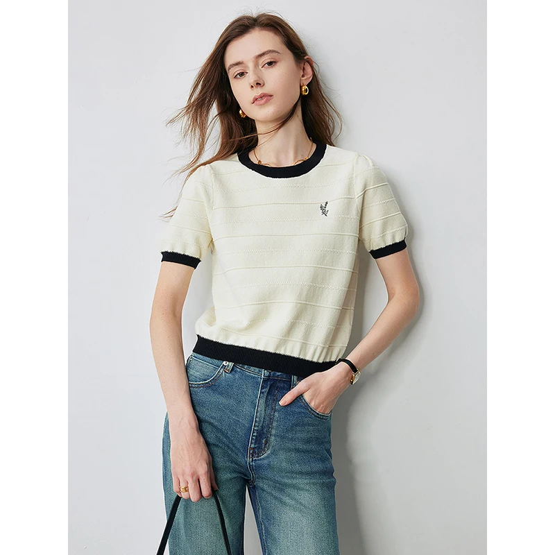 TOYOUTH Women Round Necked Knitted Sweater 2024 Summer New Loose Fitting Tops