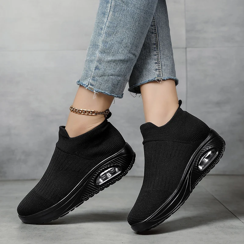 2024 Women Walking Shoes Running Mesh Shoes Fashion Platform Slip-On Sneaker Air Cushion Gym Modern Black Dance Shoes