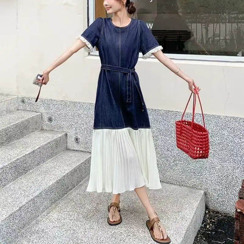 French Chic Patchwork Denim Dresses for 2026 Summer New Mermaid Lady Vestidos Elegant Jeans Female Robe Clothes KE581 - view 3