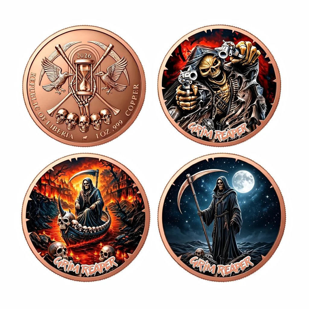 1oz .999 Copper Round Medal, Colorized Grim Reaper Double Revolver Skeleton Gothic Horror Design Copper Badge 3D Engraved Design