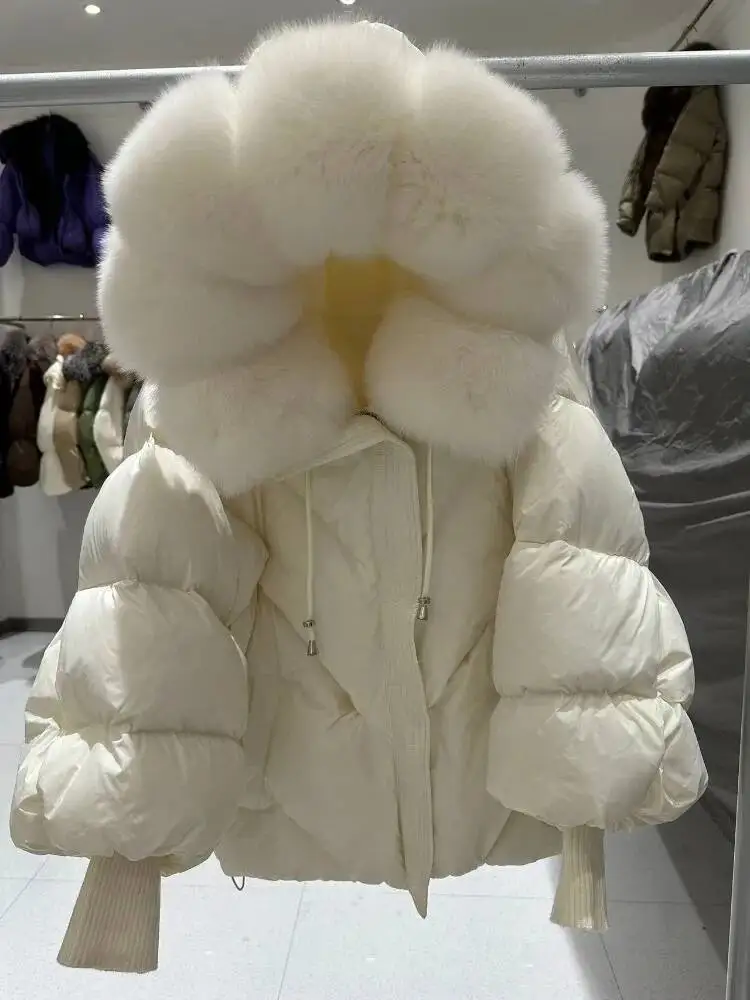 Lagabogy 2025 New Winter Large Real Fur Hooded Puffer Jacket Women White Duck Down Mid Long Parka Thick Warm Knitted Sleeve Coat