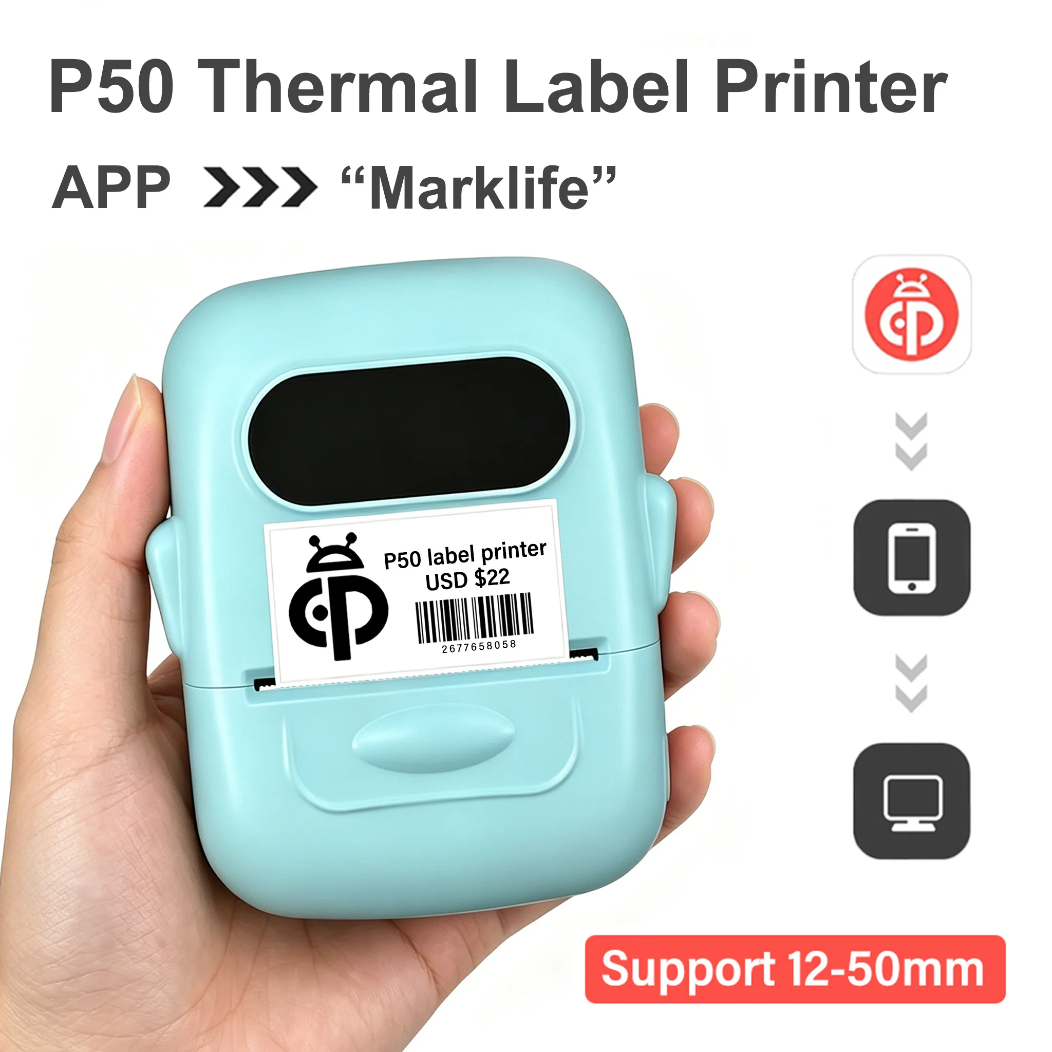 Marklife P50 Mini Label Printer Support 12-50mm Labels Inkless Portable Self-adhesive Thermal Printer Bluetooth Sticker Maker