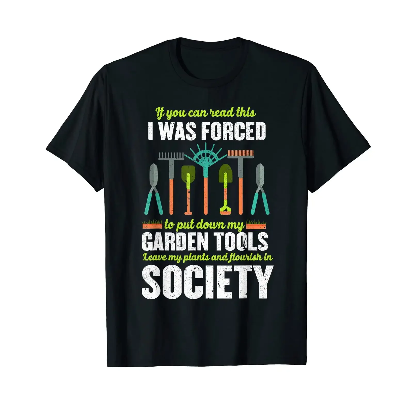 T-shirt Thrive in Society and Leave the Garden Tools noir vintage délavé, streetwear graphique doux, vêtements légèrement de créateur