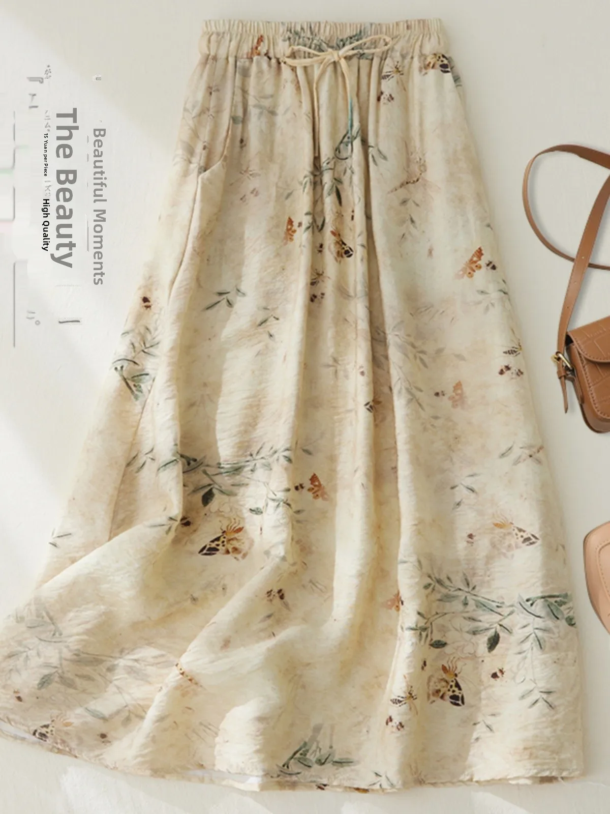 

Новая льняная юбка в китайском стиле с цветочным принтом, женская летняя художественная драпированная юбка-миди трапециевидной формы в стиле ретро с высокой талией, смесь хлопка