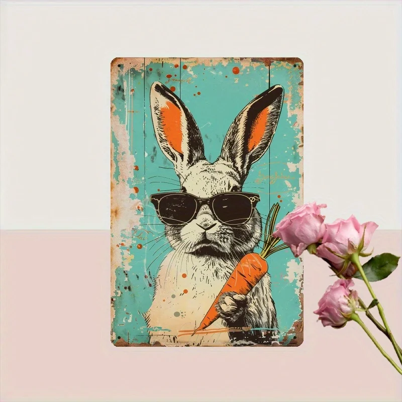 Vintage Iron Wall Art Featuring a Funky Retro Rabbit And Carrot - with a Teal Splattered Background, Ideal for Home, Porch
