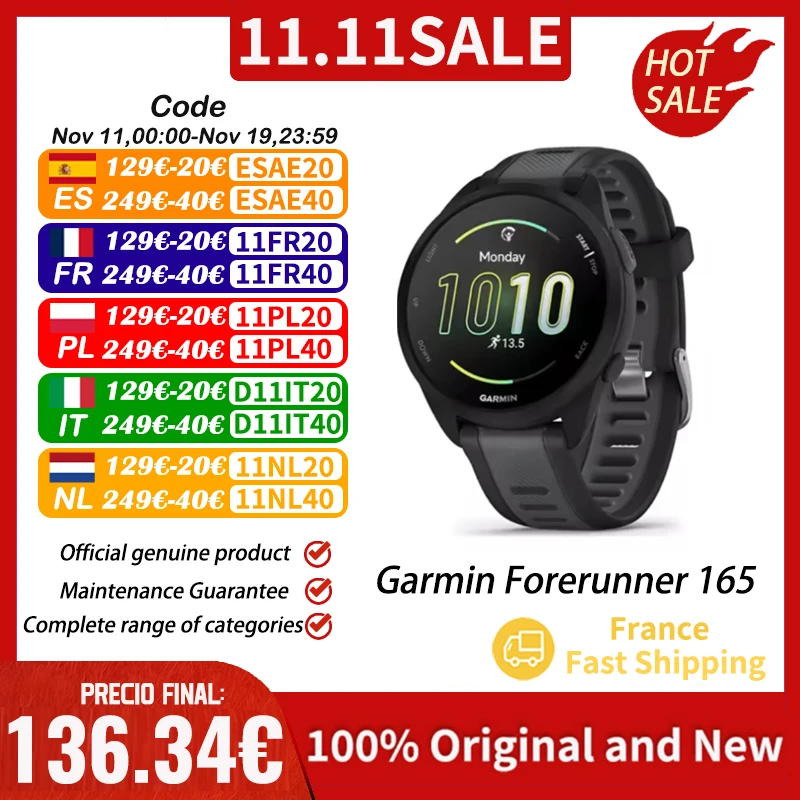 GARMIN Forerunner 165 capteur de bœuf à impulsion suivi du stress dynamique de course à pied au poignet entraînement croisé de la fréquence cardiaque à base de poignet