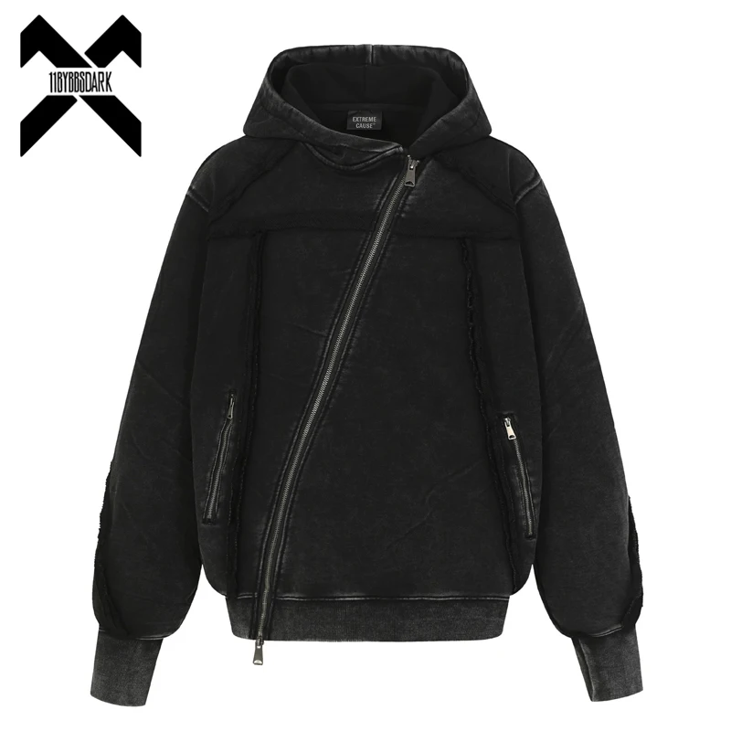

Vintage Zip Up Washed Hoodie Jacket Men's Y2K Grunge Patchwork Hooded Coat High Street Loose Hip Hop Streetwear