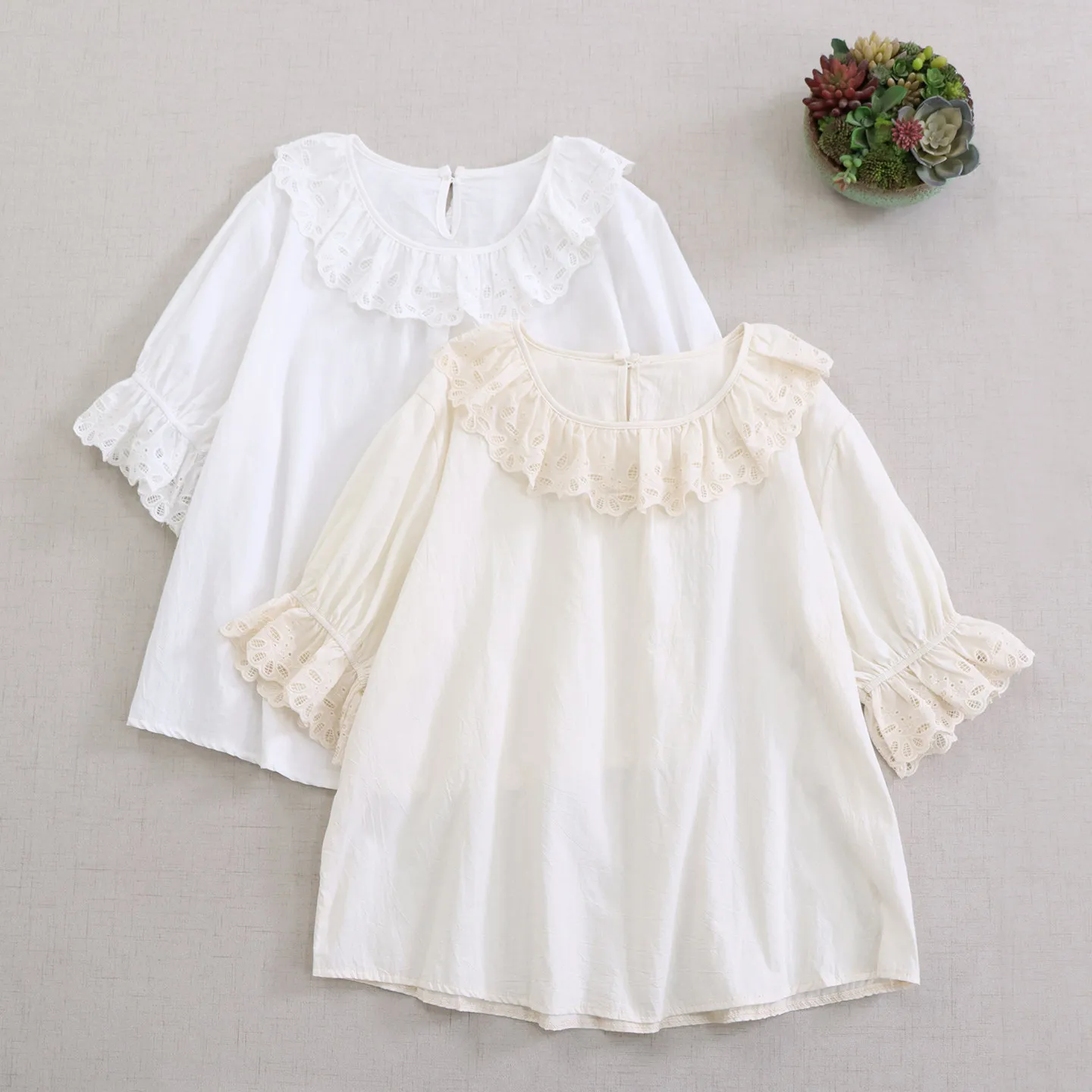 Japanese Sweet Mori Girl Lace Embroidery Cotton Doll Shirts Women Solid Color Ruffled Collar Short Sleeve Casual Loose Blouse