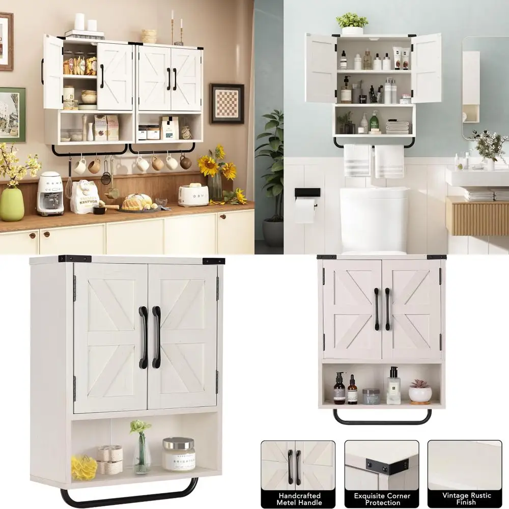 

Двухдверный настенный шкаф в деревенском стиле с регулируемой полкой и вешалкой для полотенец, 3-уровневый, для кухни, ванной комнаты, гостиной (отбеленный дуб)