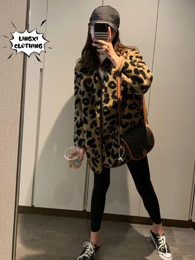 2023 Autumn and Winter New Women\'s Jacket Korean Fashion Elegant Leopard Print Top Leather Fur Integrated Warm Coat Fake Fur