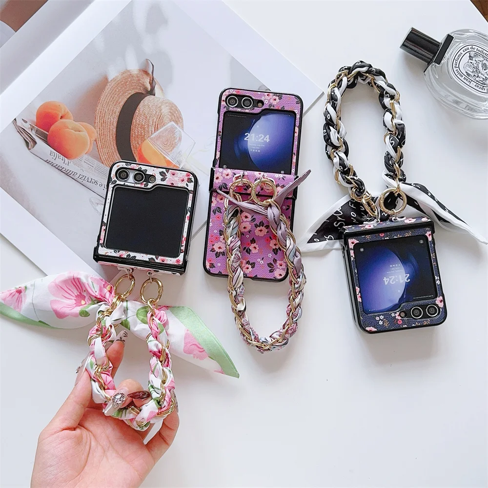 Flower PU Leather Cover with Hinge Protection & Scarf Wrist Chain Strap Bracelet For Samsung Galaxy Z Flip 6 5 4 3 5G Phone Case